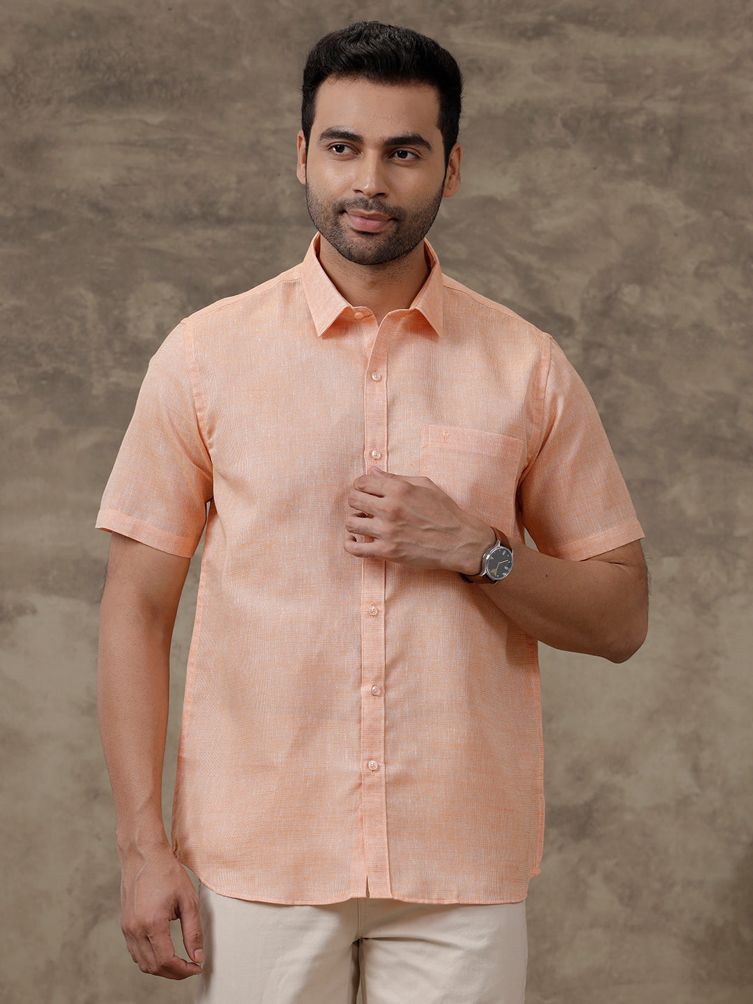 Men Cotton Blend Shirt Light Orange T3 CV12