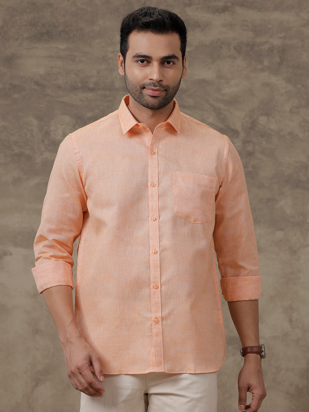 Men Cotton Blend Shirt Light Orange T3 CV12