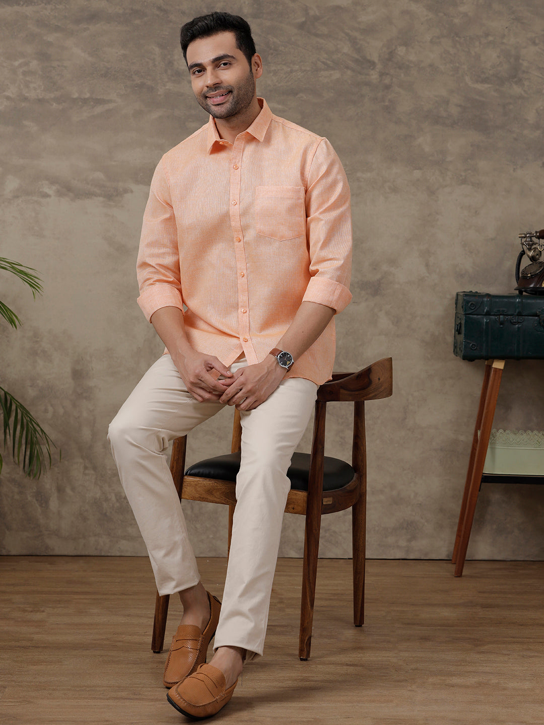 Men Cotton Blend Shirt Light Orange T3 CV12