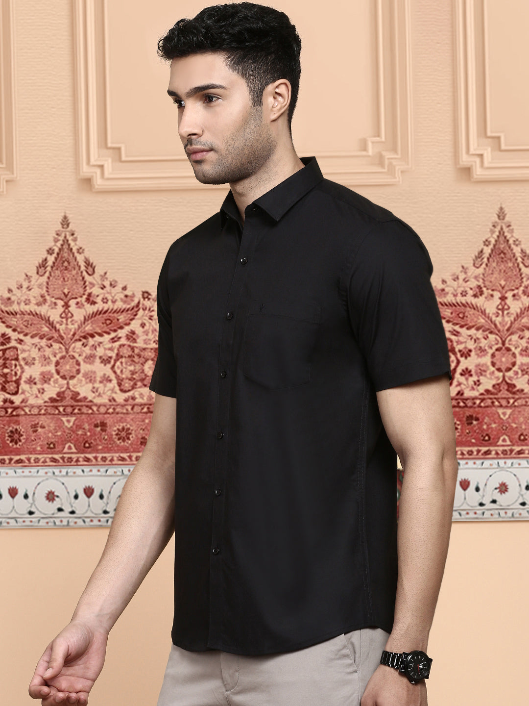 Men Cotton Spandex Shirt 2 way stretch Black LY10