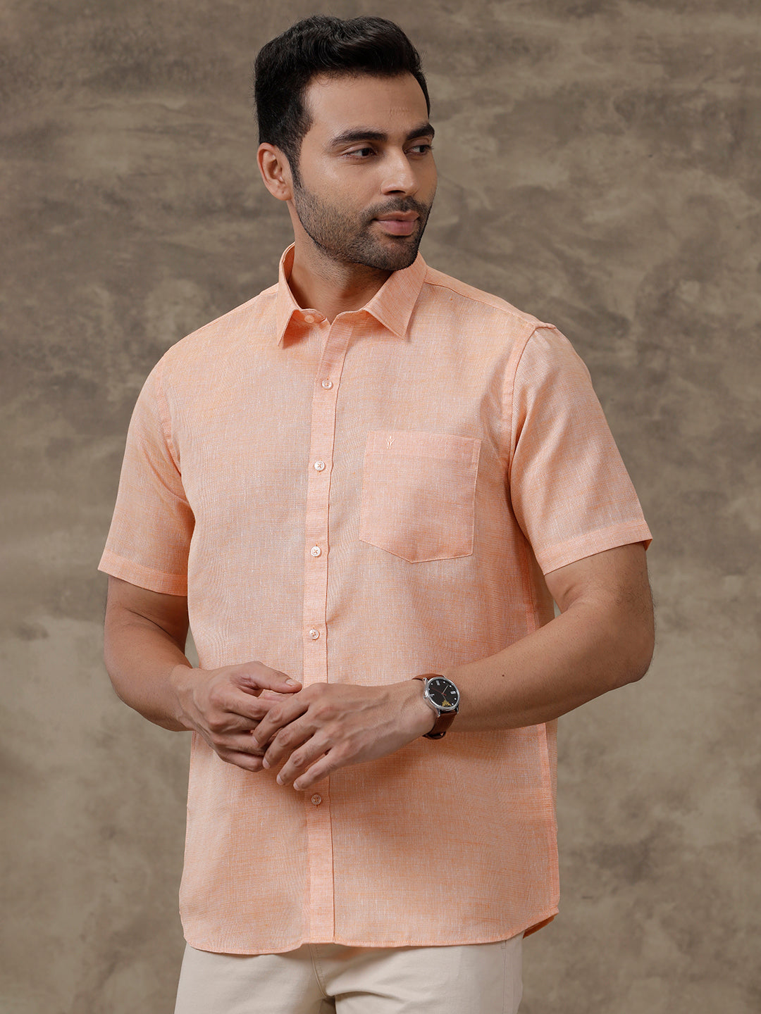 Men Cotton Blend Shirt Light Orange T3 CV12