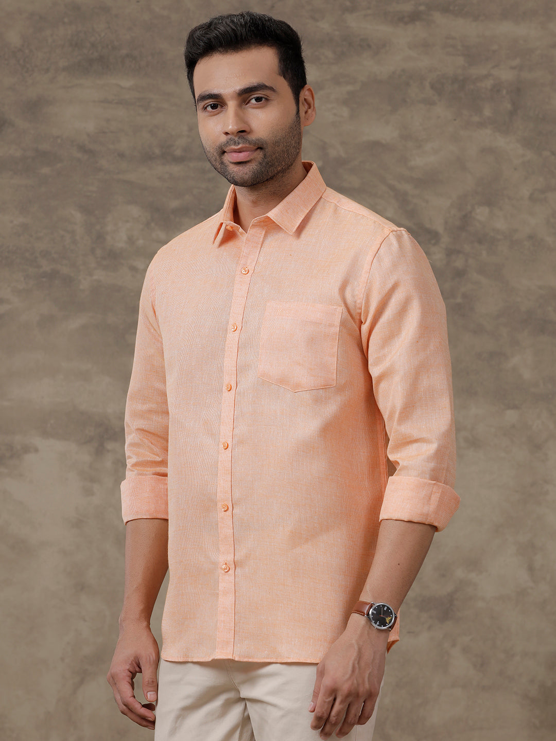 Men Cotton Blend Shirt Light Orange T3 CV12