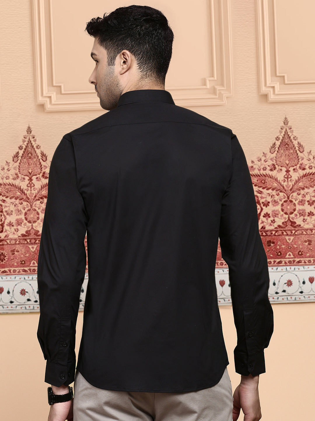 Men Cotton Spandex Shirt 2 way stretch Black LY10